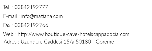 Cappadocia Cave Suites telefon numaralar, faks, e-mail, posta adresi ve iletiim bilgileri
